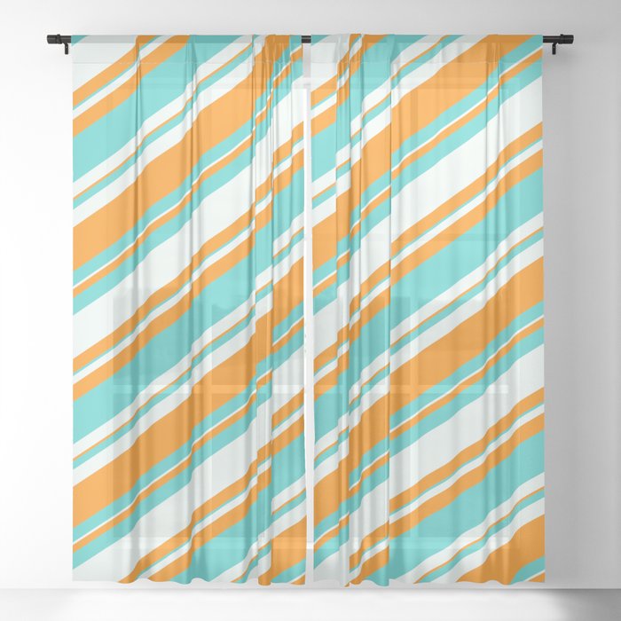 Mint Cream, Dark Orange & Turquoise Colored Lined/Striped Pattern Sheer Curtain