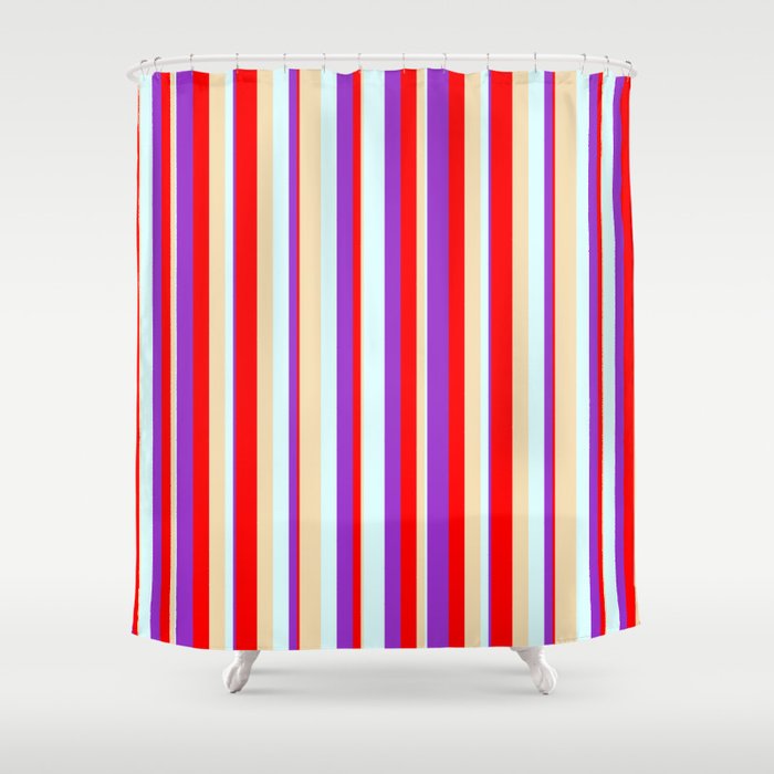 Red, Dark Orchid, Light Cyan, and Tan Colored Stripes Pattern Shower Curtain