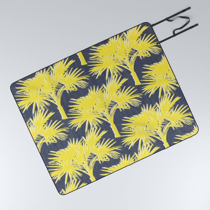 70’s Tropical Palm Springs Yellow on Navy Picnic Blanket