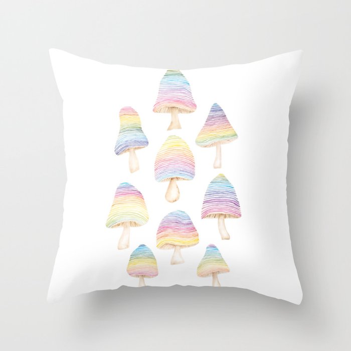 Watercolor Rainbow Mushrooms Mushroomcore Woodland Rainbows Throw Pillow