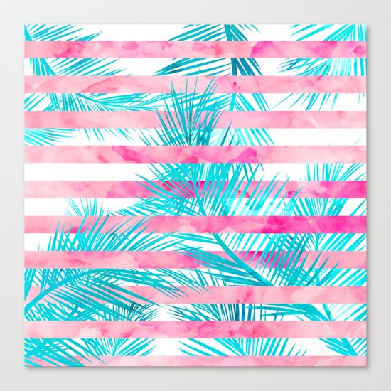 Modern pink turquoise tropical palm tree watercolor stripes pattern Canvas Print