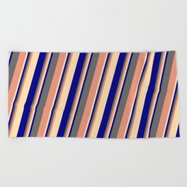 [ Thumbnail: Dim Gray, Dark Salmon, Tan & Blue Colored Lined/Striped Pattern Beach Towel ]