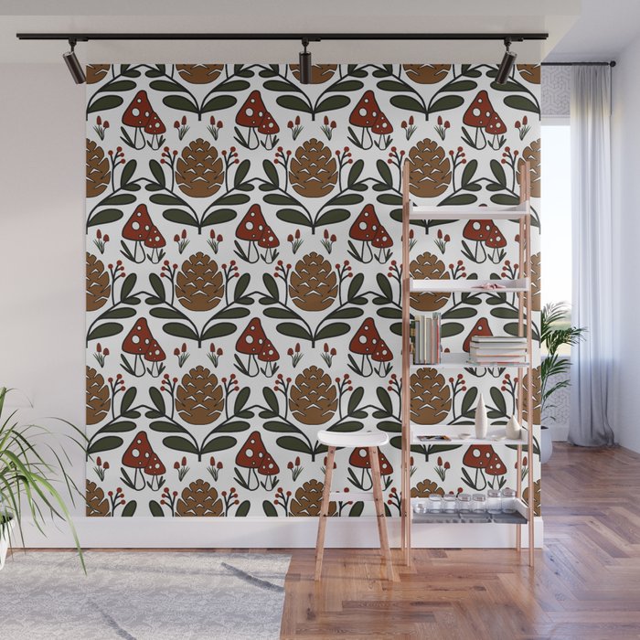 Mushrooms and Pine Cone Classic Red White Wall Mural
