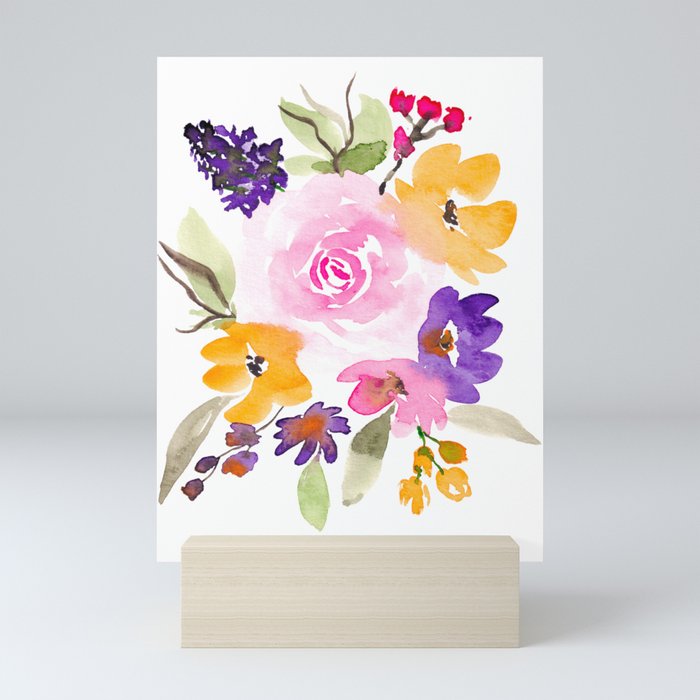 Modern bohemian pretty bright colorful blooms floral watercolor Mini Art Print