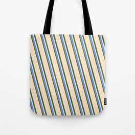 [ Thumbnail: Dark Olive Green, Bisque, and Cornflower Blue Colored Stripes Pattern Tote Bag ]