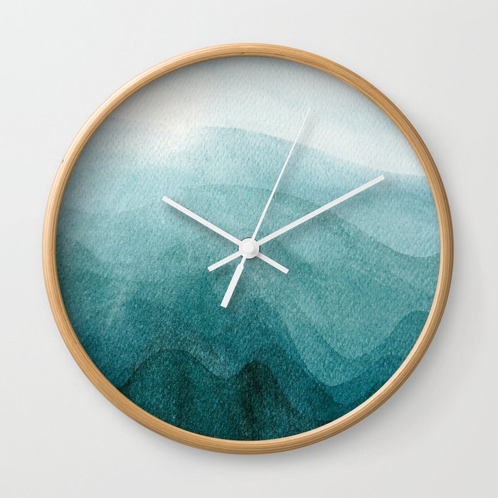 Sunrise in the mountains, dawn, teal, abstract watercolor Wall Clock