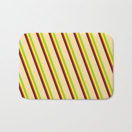 [ Thumbnail: Vibrant Maroon, Tan, Green, Yellow & Brown Colored Lined/Striped Pattern Bath Mat ]