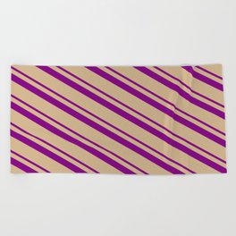 [ Thumbnail: Purple & Tan Colored Lines Pattern Beach Towel ]