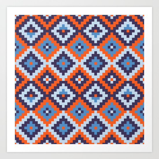 Aztec pattern - orange, blue Art Print