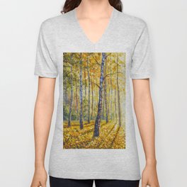 Beautiful autumn BIRCH tree forest landscape painting. Painting by Valery Rybakow V Neck T Shirt