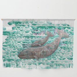 Mama + Baby Gray Whale in Ocean Clouds Wall Hanging