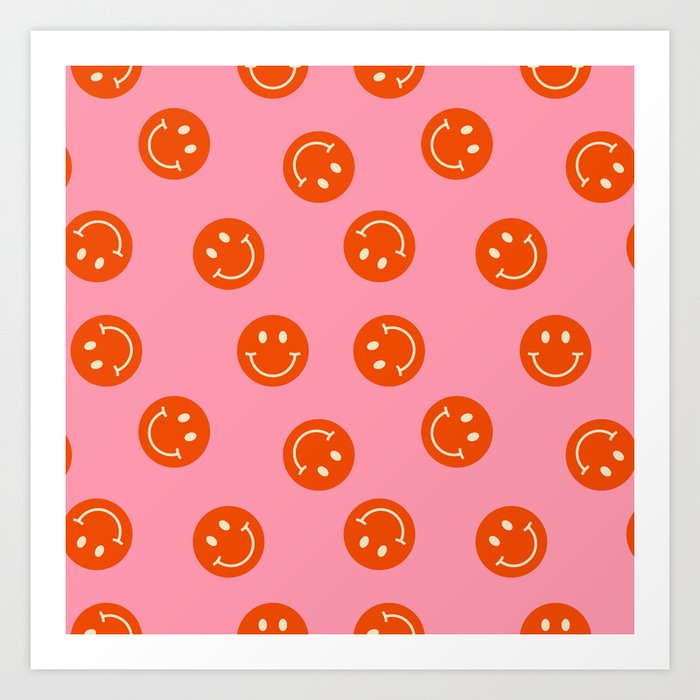 70s Retro Smiley Face Pattern on a Pink background and Orange Smiley Art Print