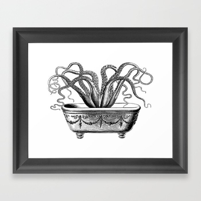 Tentacles in the Tub | Octopus in Bath | Vintage Octopus | Black and White | Framed Art Print