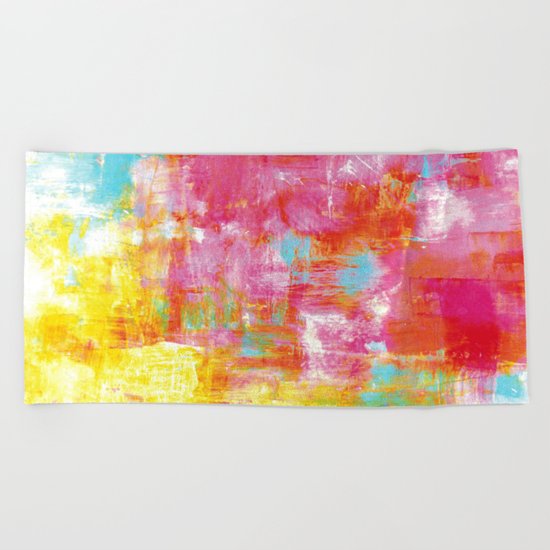 OFF THE GRID 2 Colorful Pink Pastel Neon Abstract Watercolor Acrylic Textural Art Painting Rainbow Beach Towel