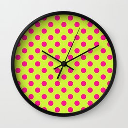 Polka dots. Deep pink dots on Lime background. Wall Clock