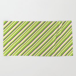 [ Thumbnail: Bisque, Green & Dim Gray Colored Pattern of Stripes Beach Towel ]