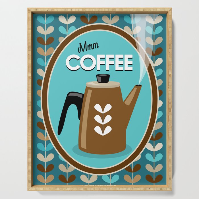 Mid Century Modern Coffee Kettle Kitchen Wall Decor // Caribbean Blue, Turquoise, Brown, Khaki, Tan Serving Tray