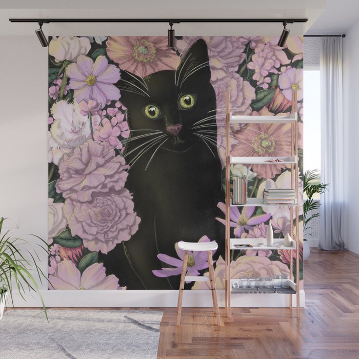 Little Black Garden Cat - Pink Flowers Wall Mural