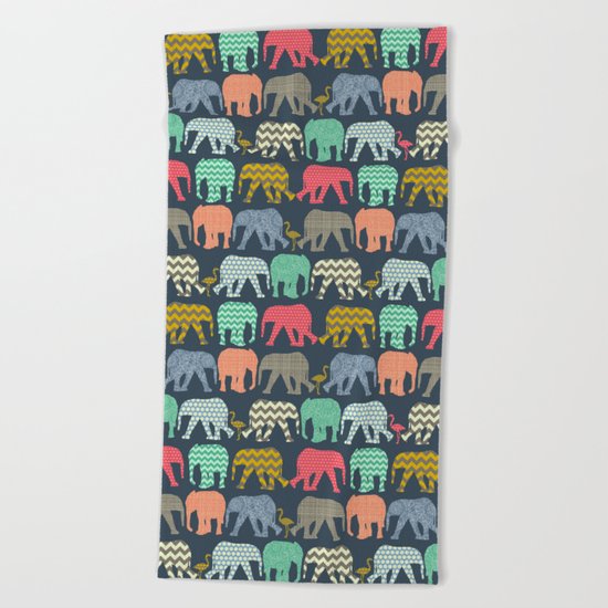 baby elephants and flamingos Beach Towel