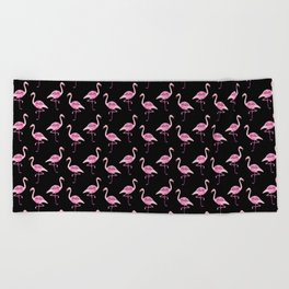 Pink Flamingos Pattern & Black Beach Towel