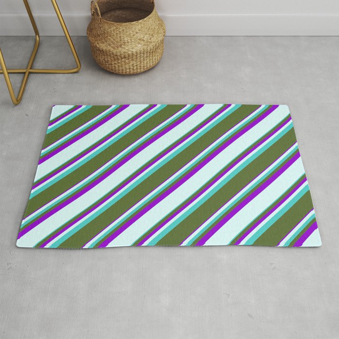 Turquoise, Dark Olive Green, Dark Violet & Light Cyan Colored Striped/Lined Pattern Rug