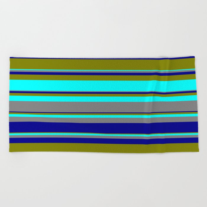 Green, Cyan, Grey, and Dark Blue Colored Striped Pattern Beach Towel
