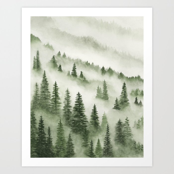 Green Trees Above the Fog I - Hunter Green Foggy Forest Watercolor, Misty Mountain Art, Rustic Home Style  Art Print
