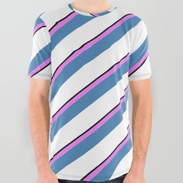 [ Thumbnail: Black, Violet, Blue & White Colored Lines/Stripes Pattern All Over Graphic Tee ]