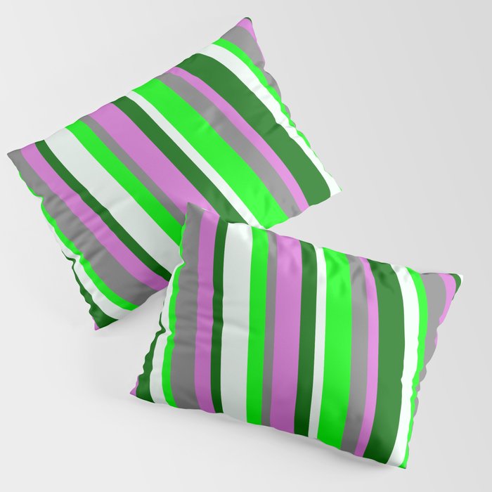 Colorful Orchid, Gray, Lime, Mint Cream, and Dark Green Colored Stripes Pattern Pillow Sham