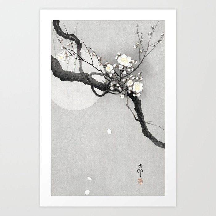 Vintage Japanese Illustration Of Moon And Branch With Flowers Art Print
