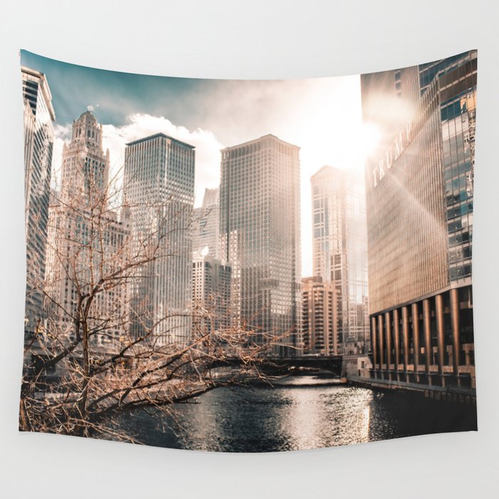 Chicago City Sunset Wall Tapestry