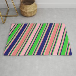 [ Thumbnail: Lime Green, Light Pink, Light Coral & Midnight Blue Colored Lines/Stripes Pattern Rug ]
