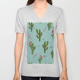 Cactus With Colorful Light Bulb. Merry Christmas and Happy New Year Seamless Pattern V Neck T Shirt