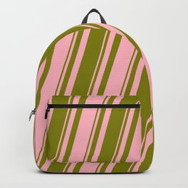 [ Thumbnail: Green and Light Pink Colored Striped Pattern Backpack ]
