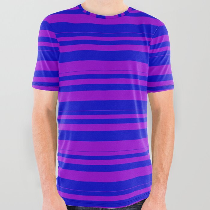 Dark Violet and Blue Colored Lines Pattern All Over Graphic Tee