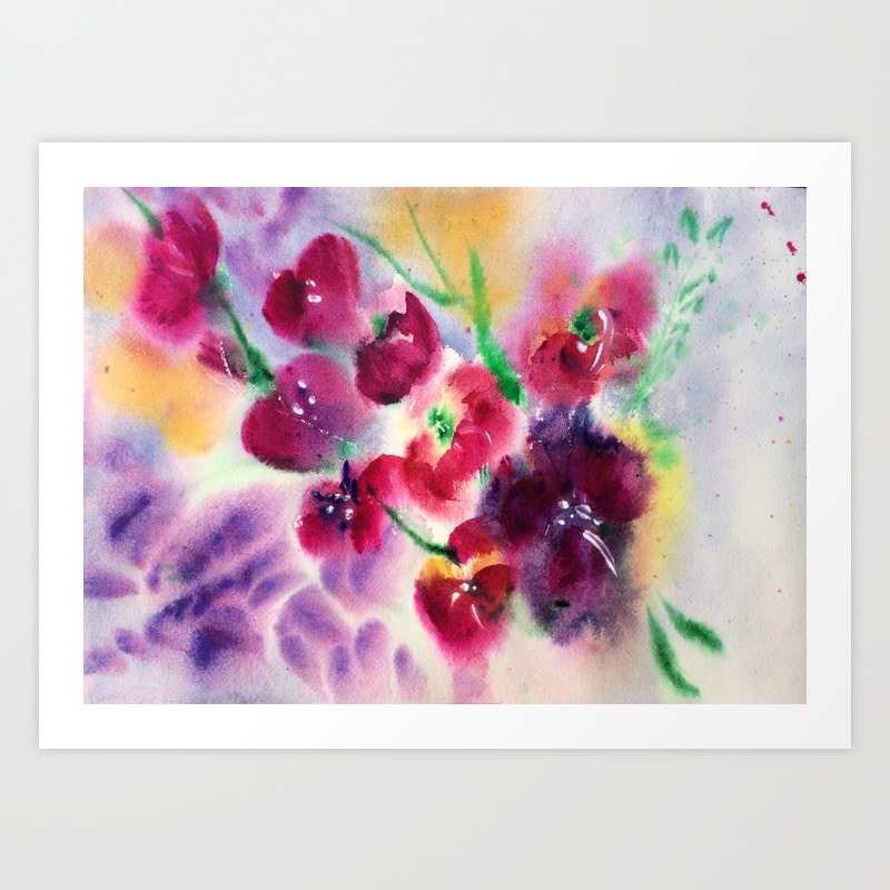 Flowers Original Violet Purple Green Pink Wall Decor Wall