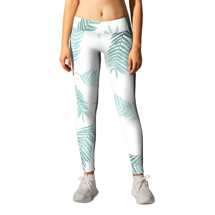 Mint Palm Leaves Tropical Pattern Leggings by A Little Leafy | Society6