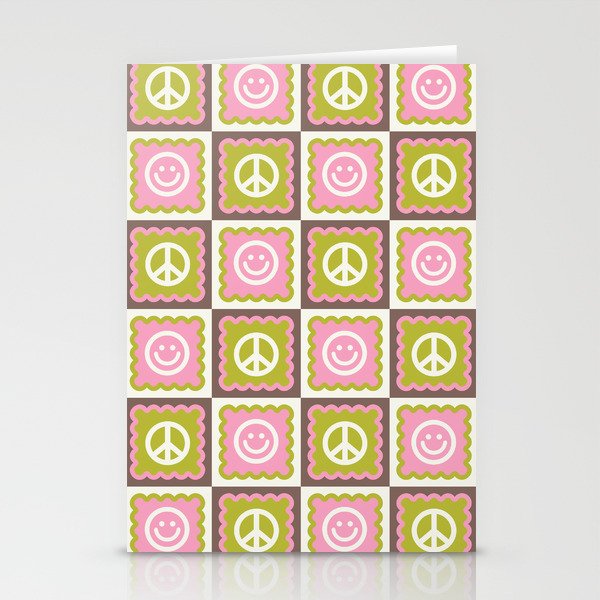 Funky Checkered Smileys and Peace Symbol Pattern  Stationery Cards