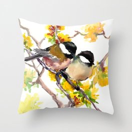 Birds in the Spring, Chickadee birds, birds adn flowers Throw Pillow