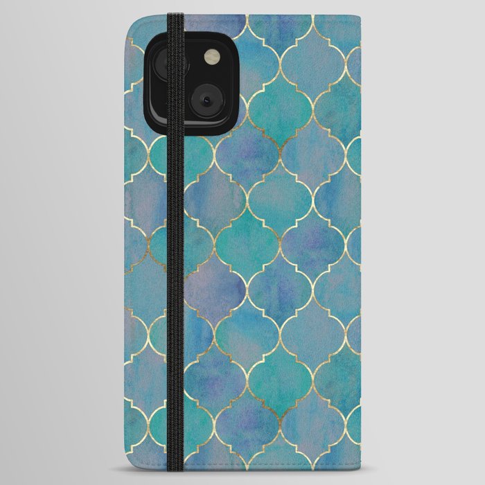 Teal Purple Gold Quatrefoil Moroccan Pattern II iPhone Wallet Case