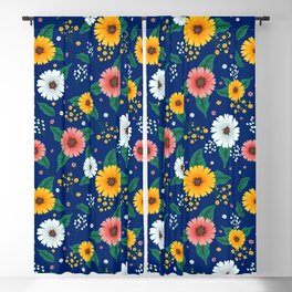 Colorful Spring Flowers Pattern in Blue Background Blackout Curtain
