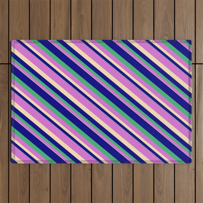 Blue, Sea Green, Orchid, and Beige Colored Striped/Lined Pattern Outdoor Rug