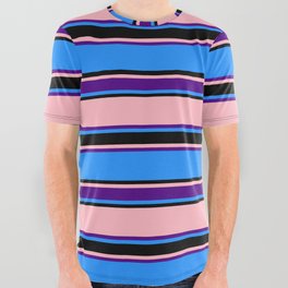 [ Thumbnail: Blue, Black, Light Pink & Indigo Colored Lines Pattern All Over Graphic Tee ]