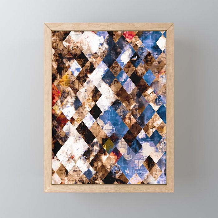 geometric pixel square pattern abstract background in brown blue Framed Mini Art Print