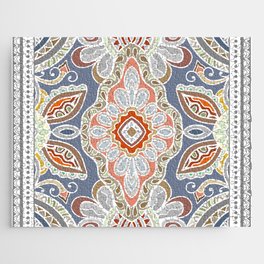 Decorative abstract colorful background, geometric floral doodle pattern with ornate lace frame. Tribal ethnic ornament. Bandanna shawl, tablecloth fabric print, silk neck scarf, kerchief design Jigsaw Puzzle