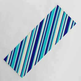 [ Thumbnail: Beige, Blue & Dark Turquoise Colored Striped/Lined Pattern Yoga Mat ]