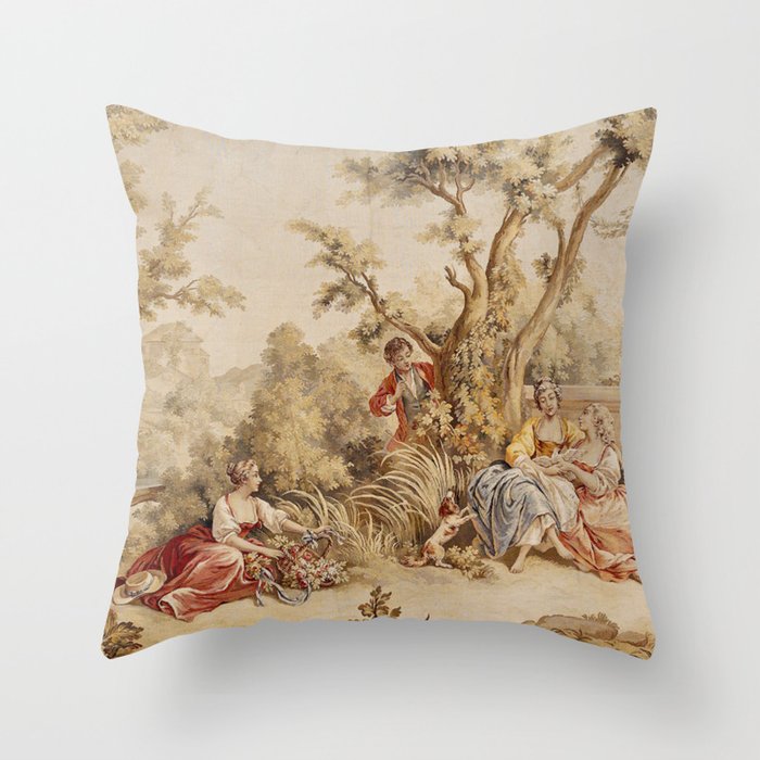 Antique 18th Century Romantic Pastoral Scene French Aubusson Tapestry Throw Pillow