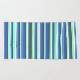 [ Thumbnail: Eyecatching Dark Olive Green, Royal Blue, Cornflower Blue, Beige, Aquamarine Colored Stripes Pattern Beach Towel ]