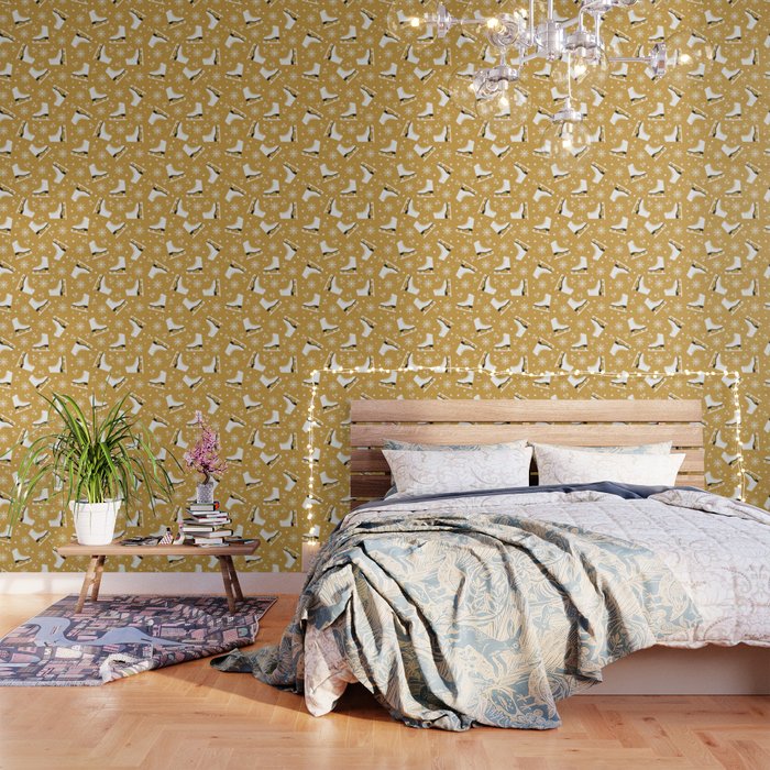Winter themed pattern with ice skates - yellow Wallpaper
