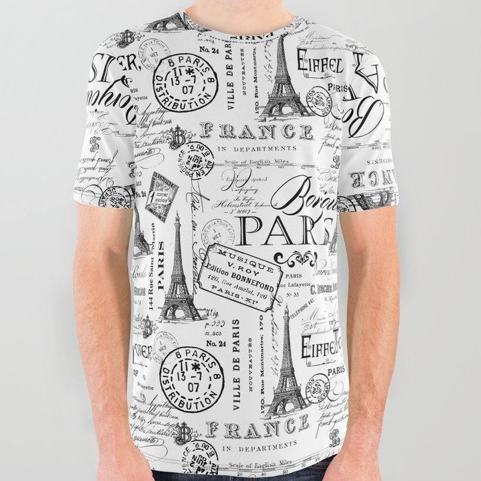 Vintage Paris Black And White Nostalgic Pattern All Over Graphic Tee